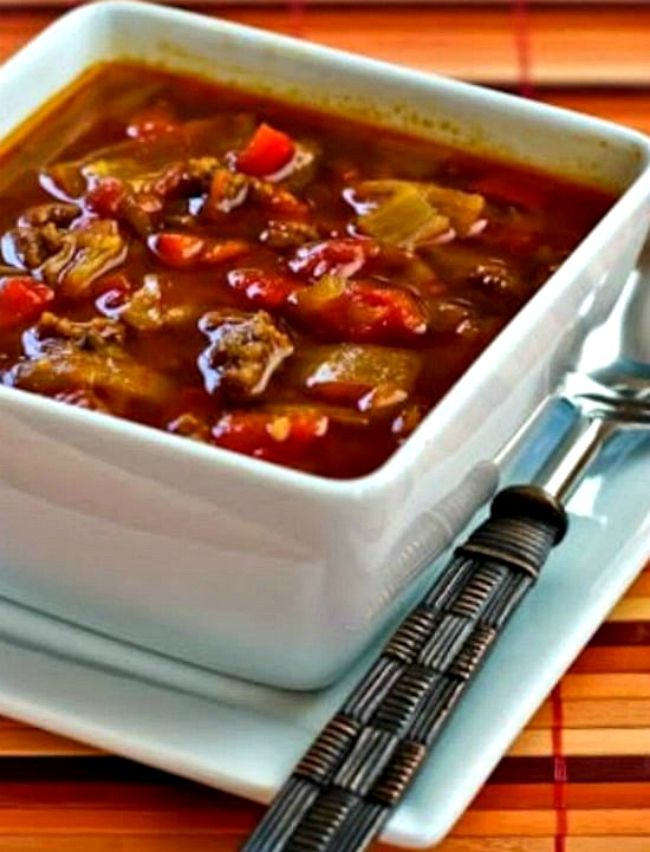 Low-Carb Goulash Soup with Red Peppers and Cabbage found on KalynsKitchen.com