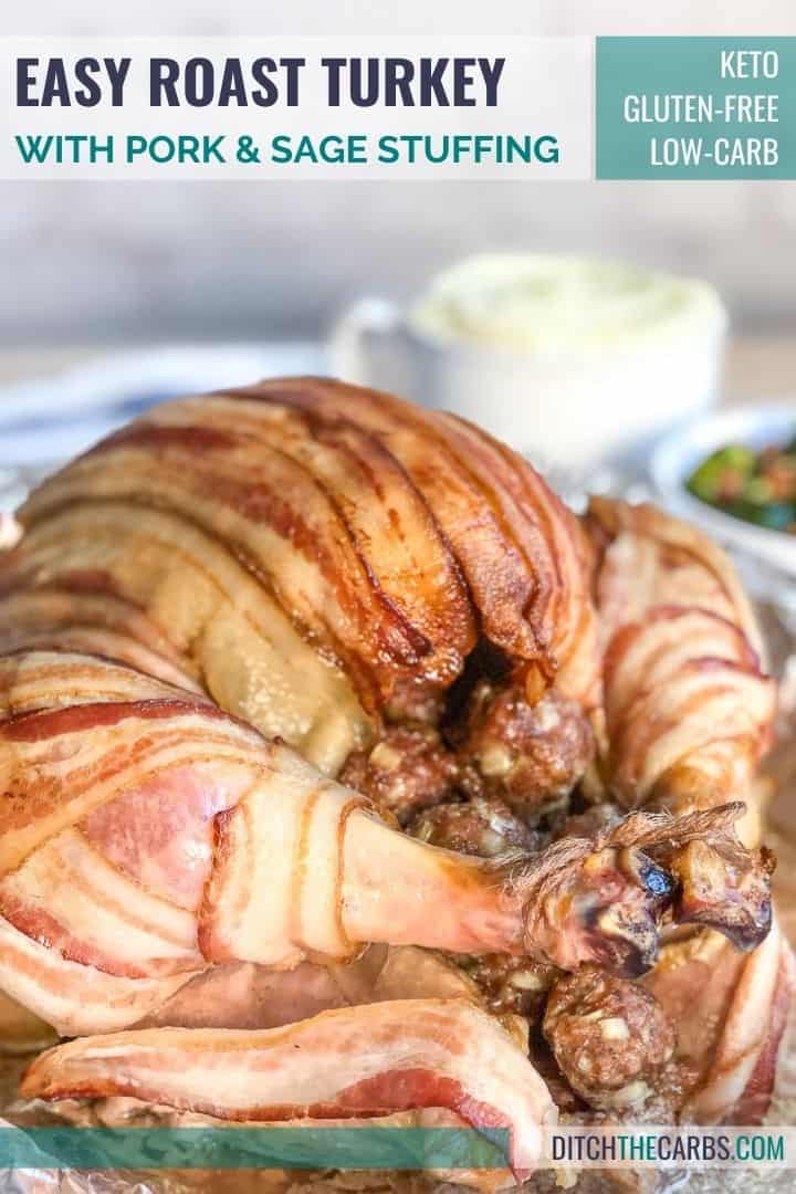 a perfect bacon-wrapped easy turkey served with a side dish of keto mashed cauliflower