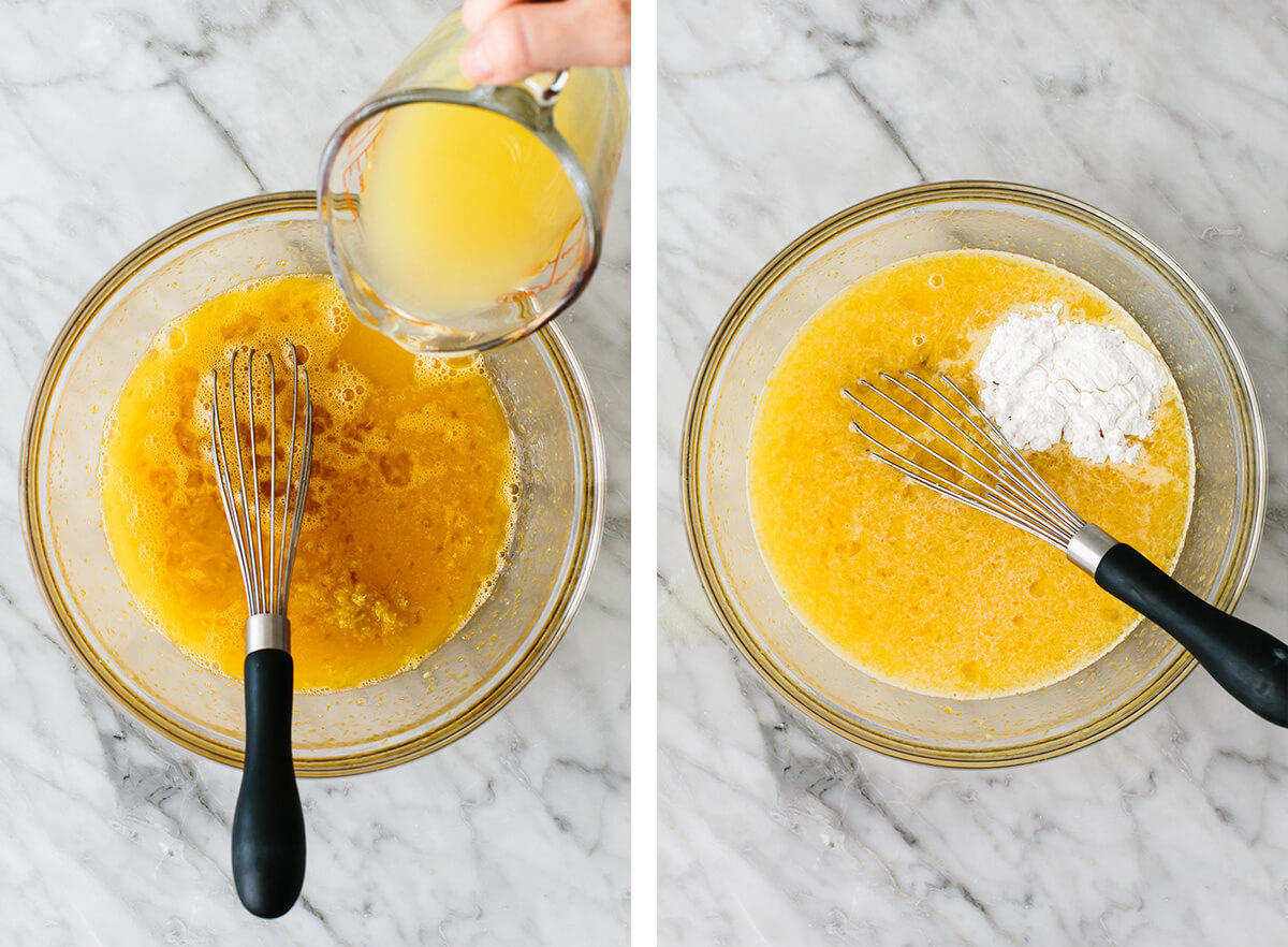 Mixing lemon bar ingredients in a bowl.