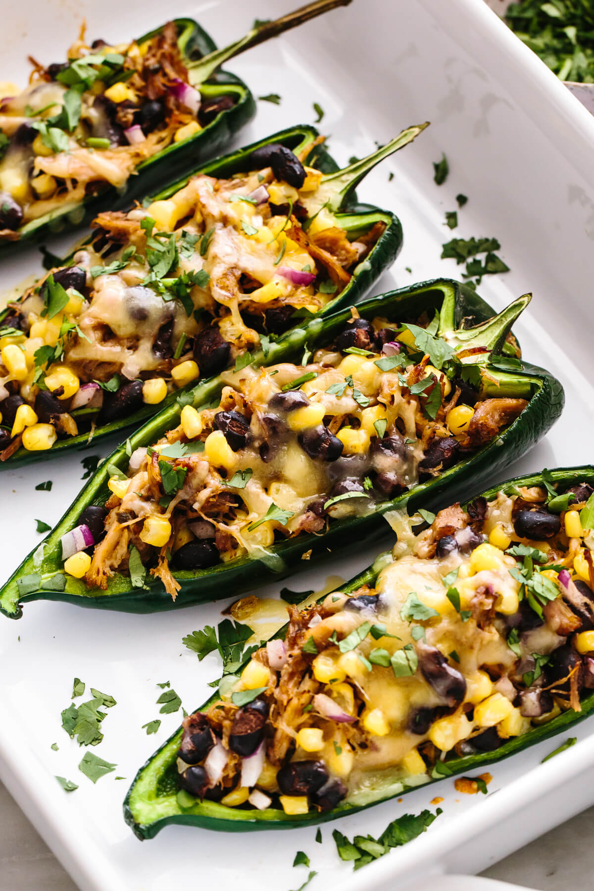 A baking dish with carnitas stuffed poblano peppers.