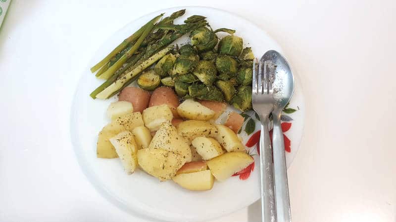 Vegan Meal: Potato, Brussel Sprouts, Asparagus