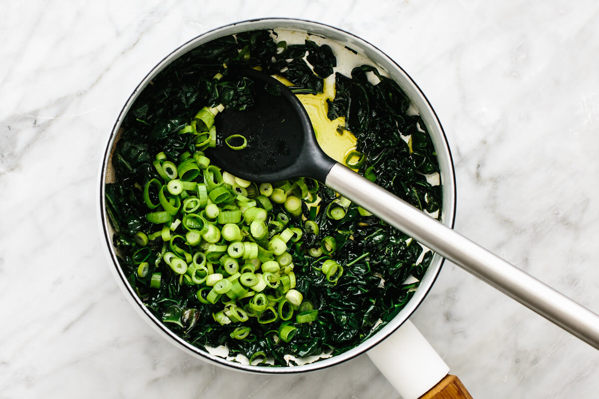 Cooking kale in a pot for colcannon