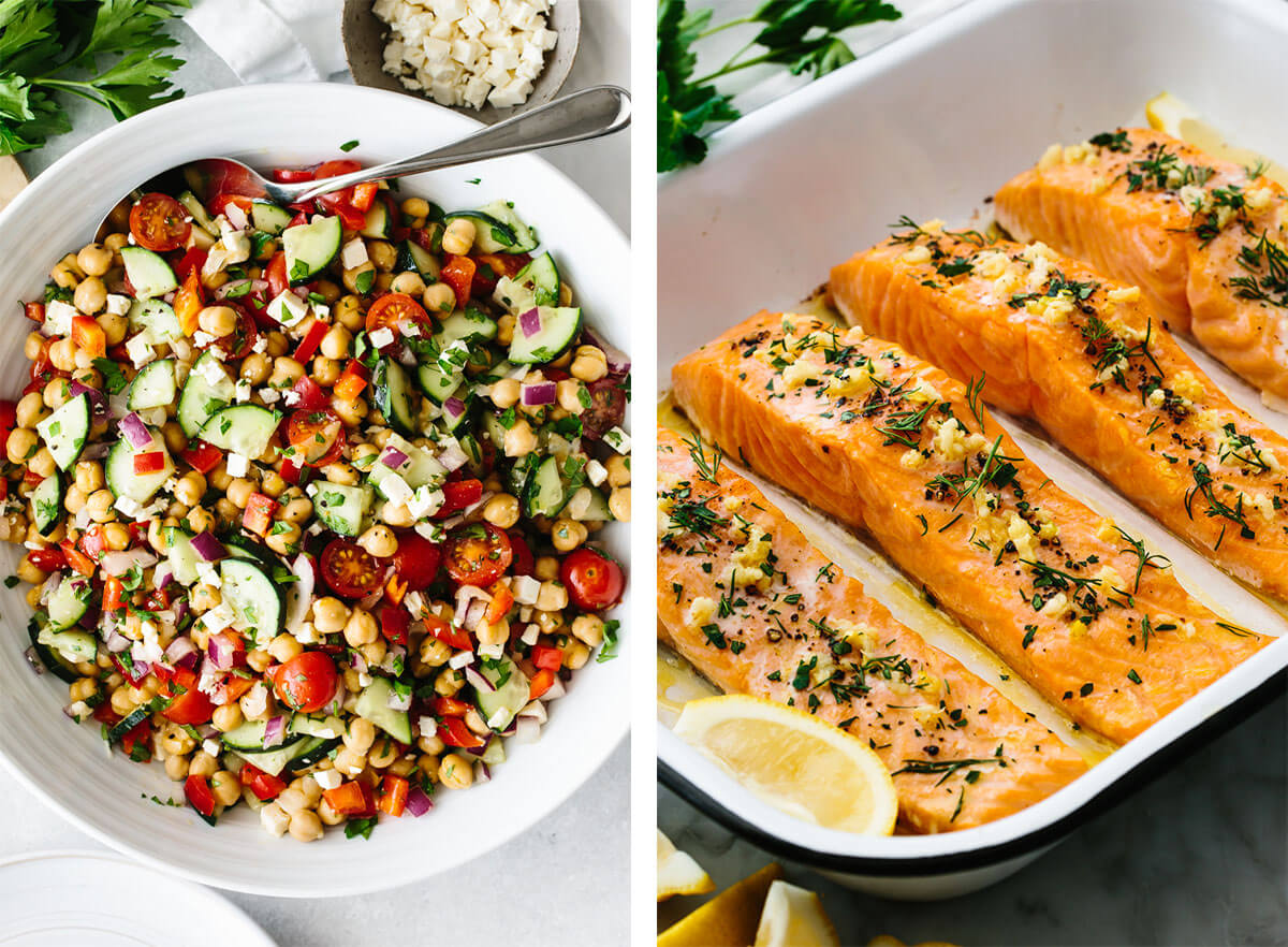 Gluten-free recipes with chickpea salad and baked salmon
