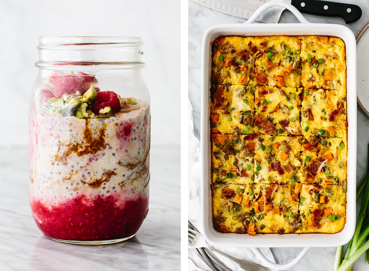 Gluten-free breakfast ideas with overnight oats and breakfast casserole.