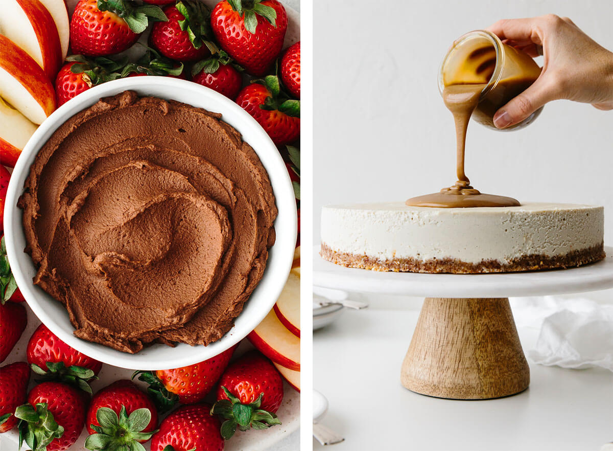 Gluten-free desserts with chocolate hummus and vegan cheesecake.