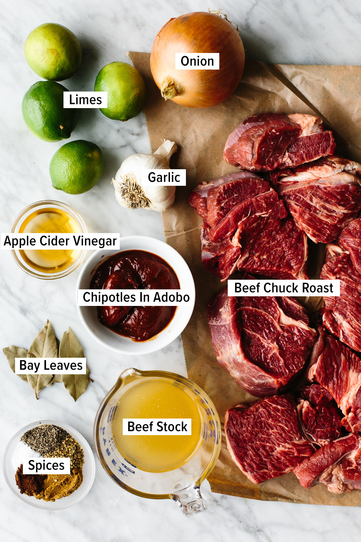 Ingredients for beef barbacoa on a table.