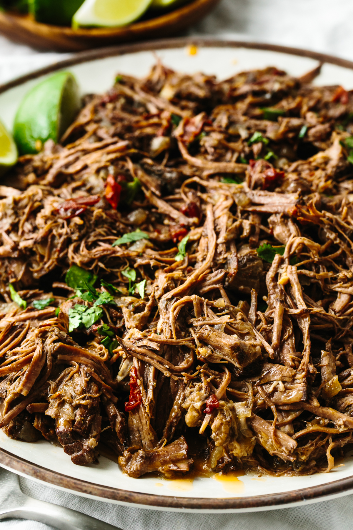 A plate with beef barbacoa on it.