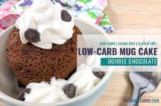 Double chocolate low-carb mug cake in a dish with whipped cream and chocolate chips on top.