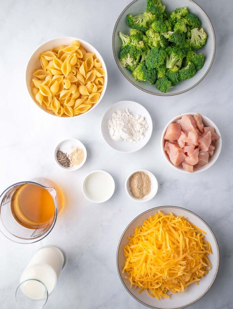 creamy broccoli mac and cheese ingredients laid out