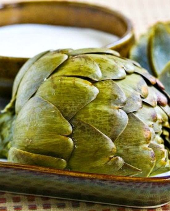 How to Cook Artichokes in a Pressure Cooker found on KalynsKitchen.com