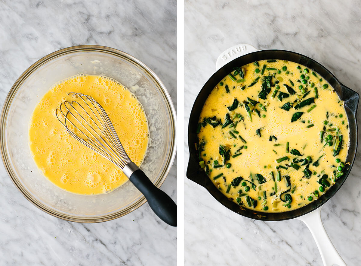Making egg mixture in a bowl for spring vegetable frittata