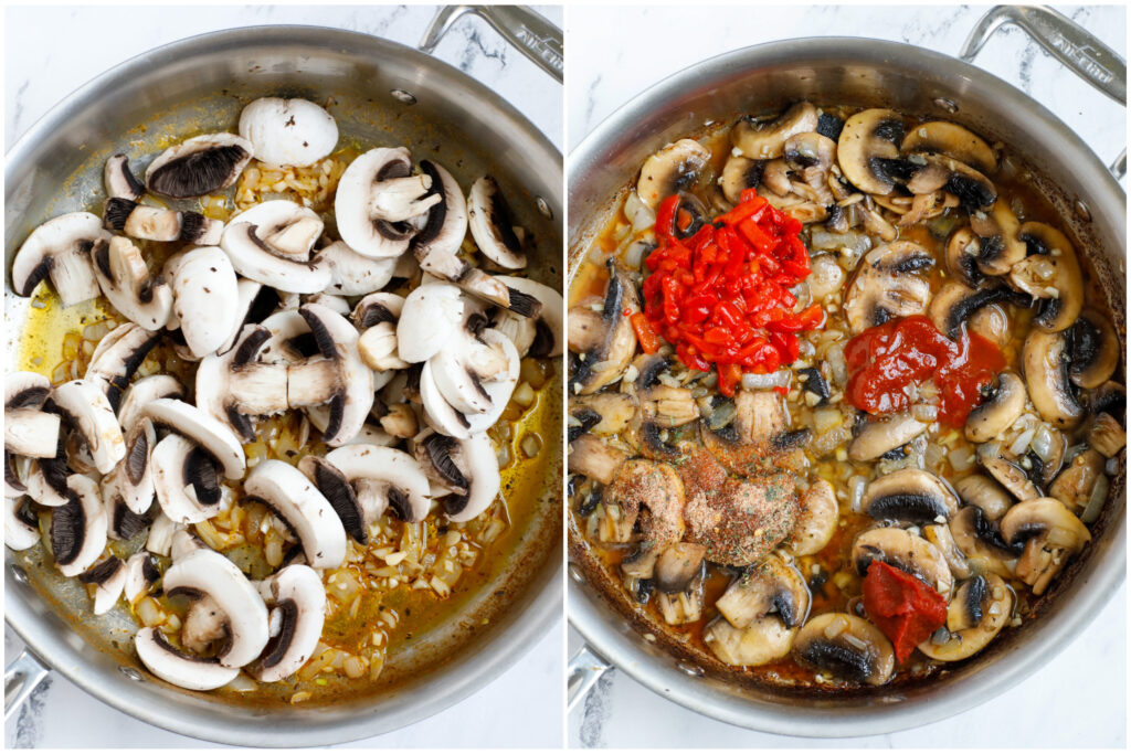 Adding mushrooms and tomato paste to a pan.