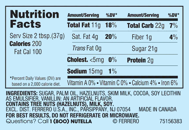 Nutella Nutritional Facts and Nutrition Label