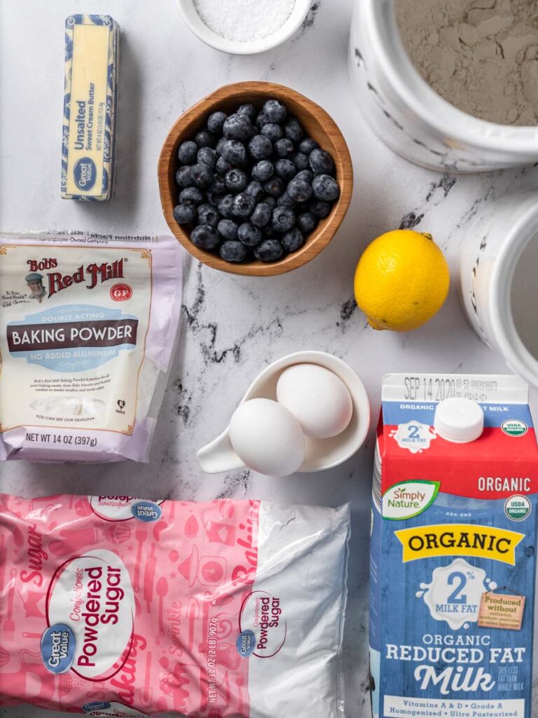 ingredients of blueberry lemon bread laid out