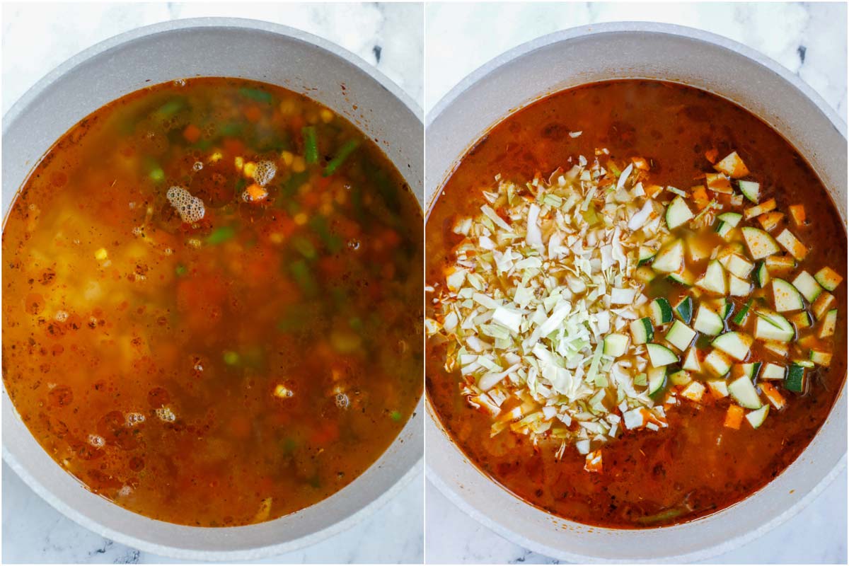 Set of 2 photos showing liquid added to the pot of vegetables and then more vegetables added in.