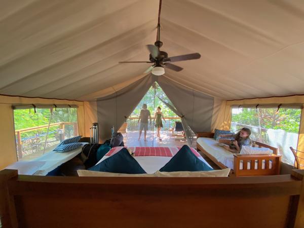 The inside of a glamping tent. 