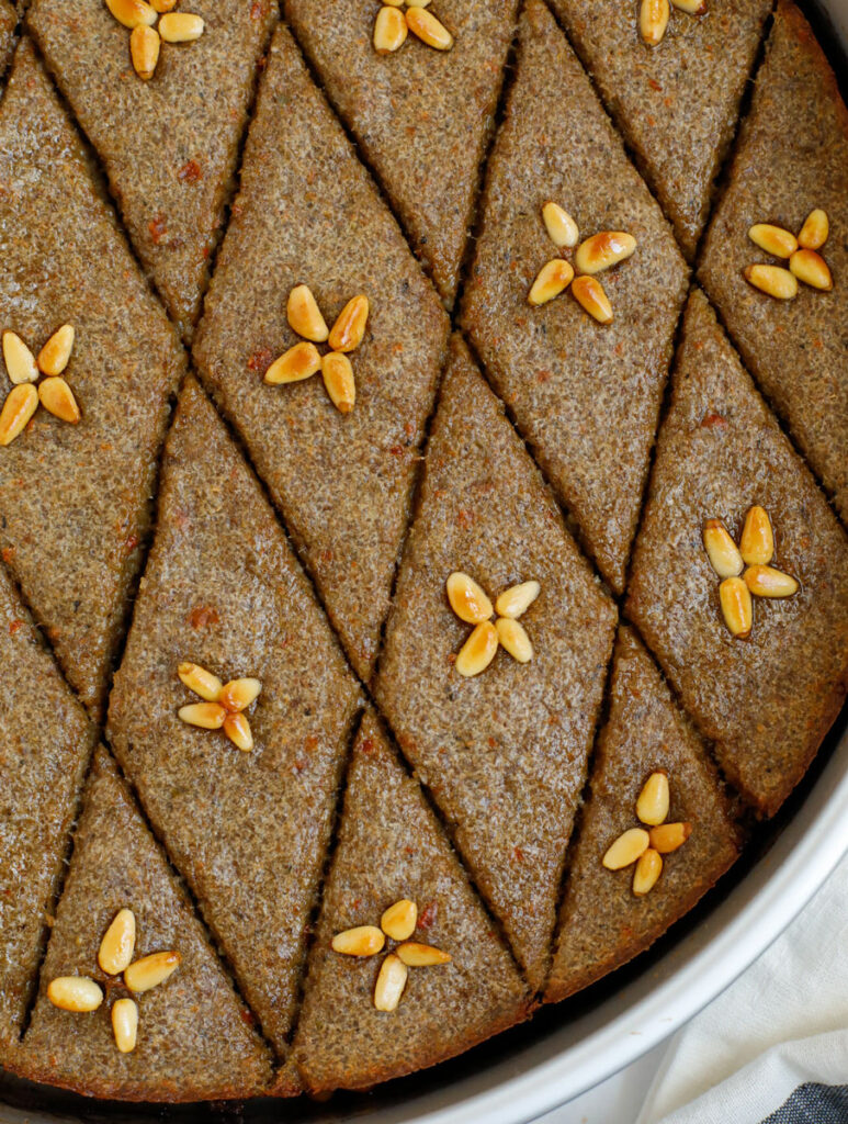 close up top down shot of baked kibbeh