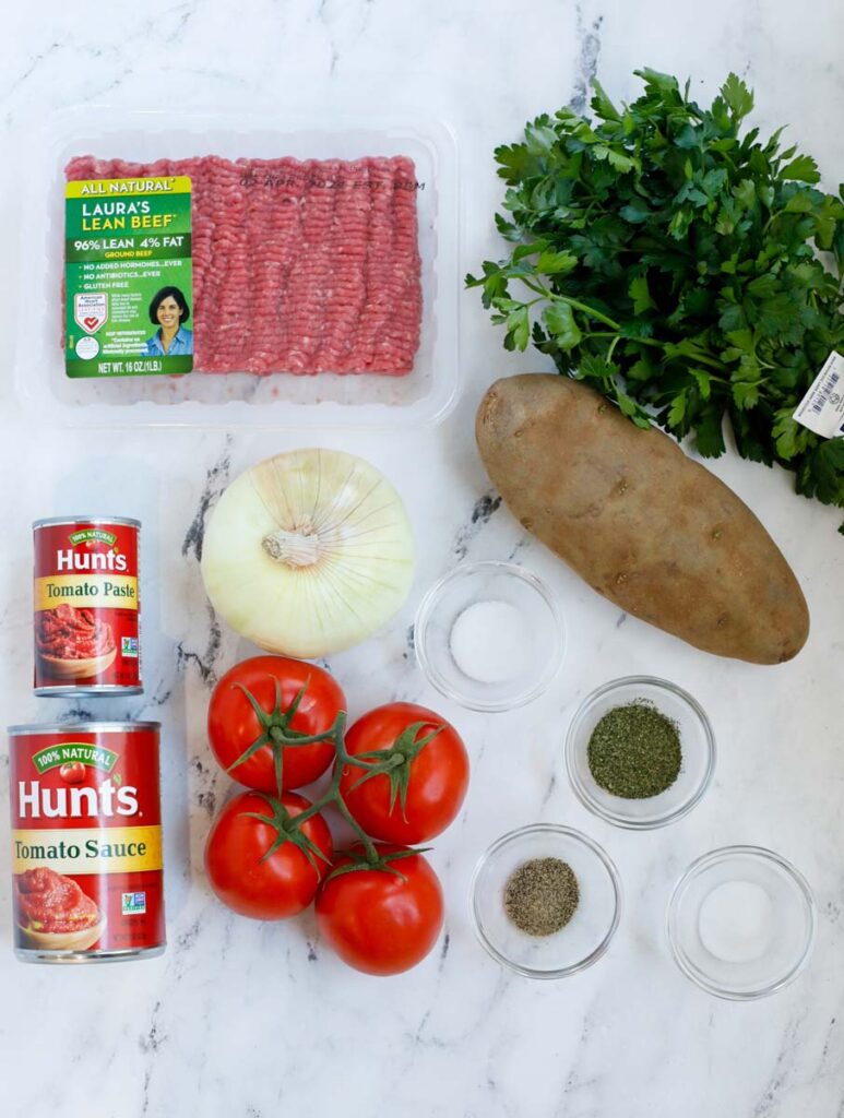 Ingredients needed to make kafta and potato stew.