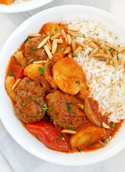 Kafta and potato stew served with vermicelli rice.