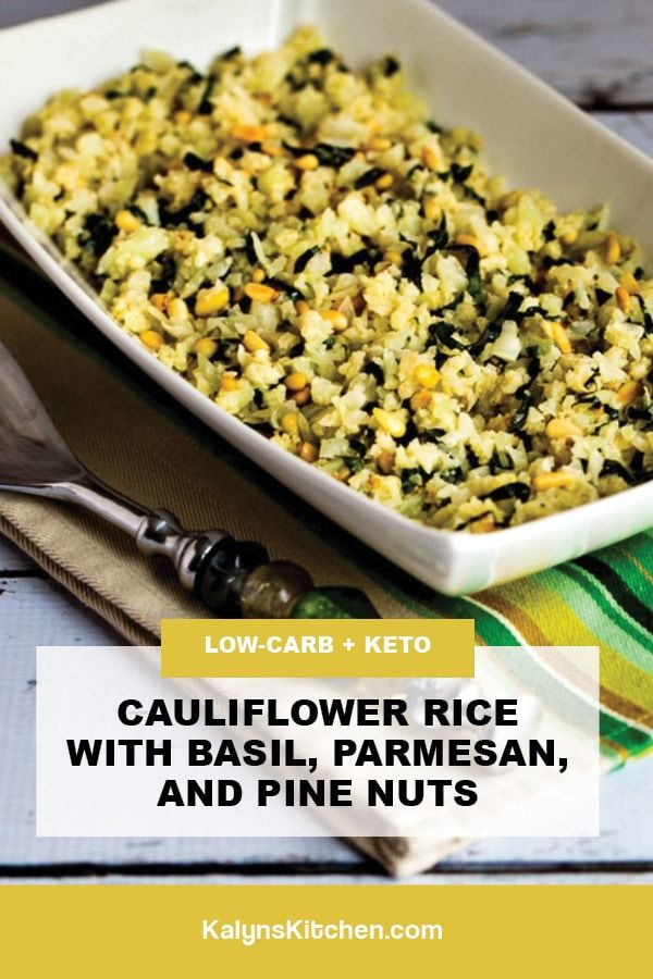 Pinterest image of Cauliflower Rice with Basil, Parmesan, and Pine Nuts