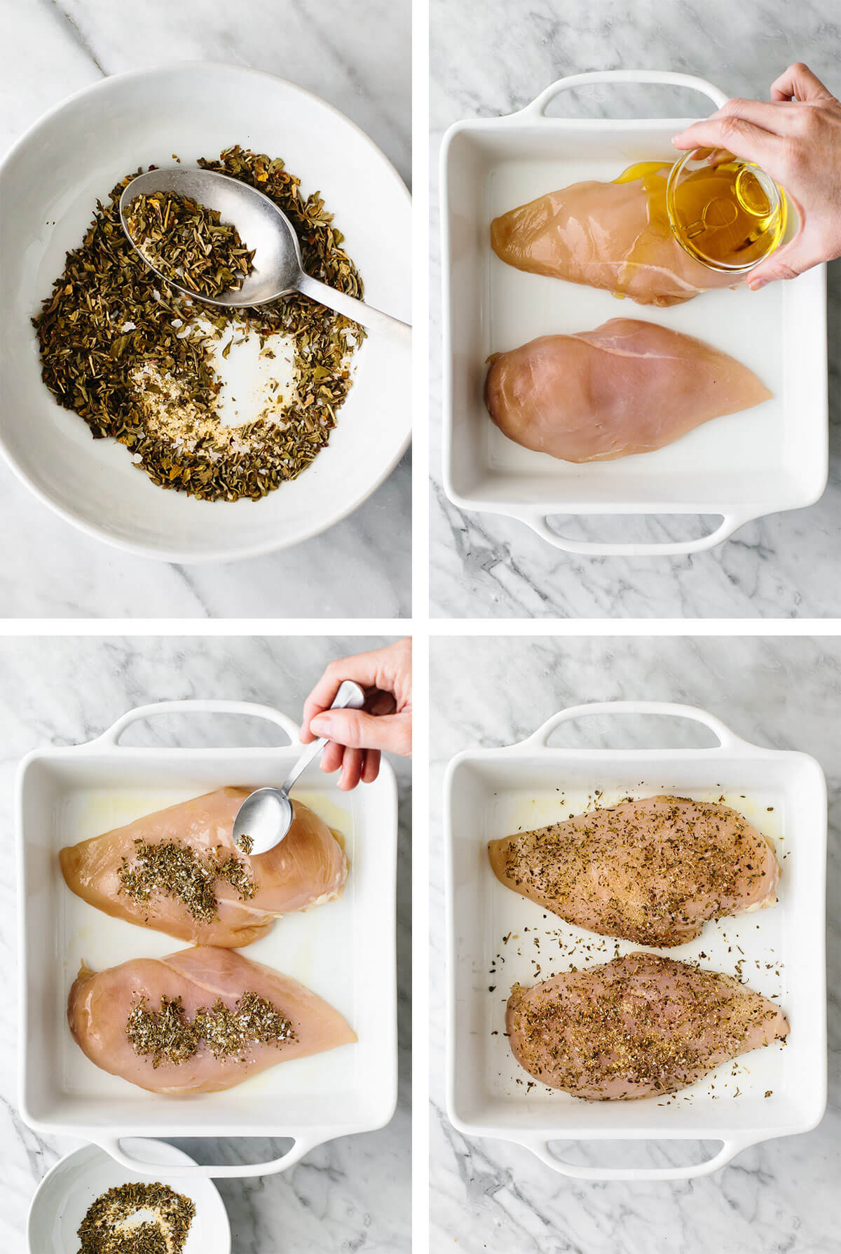 Adding herb seasoning onto herb baked chicken breasts.