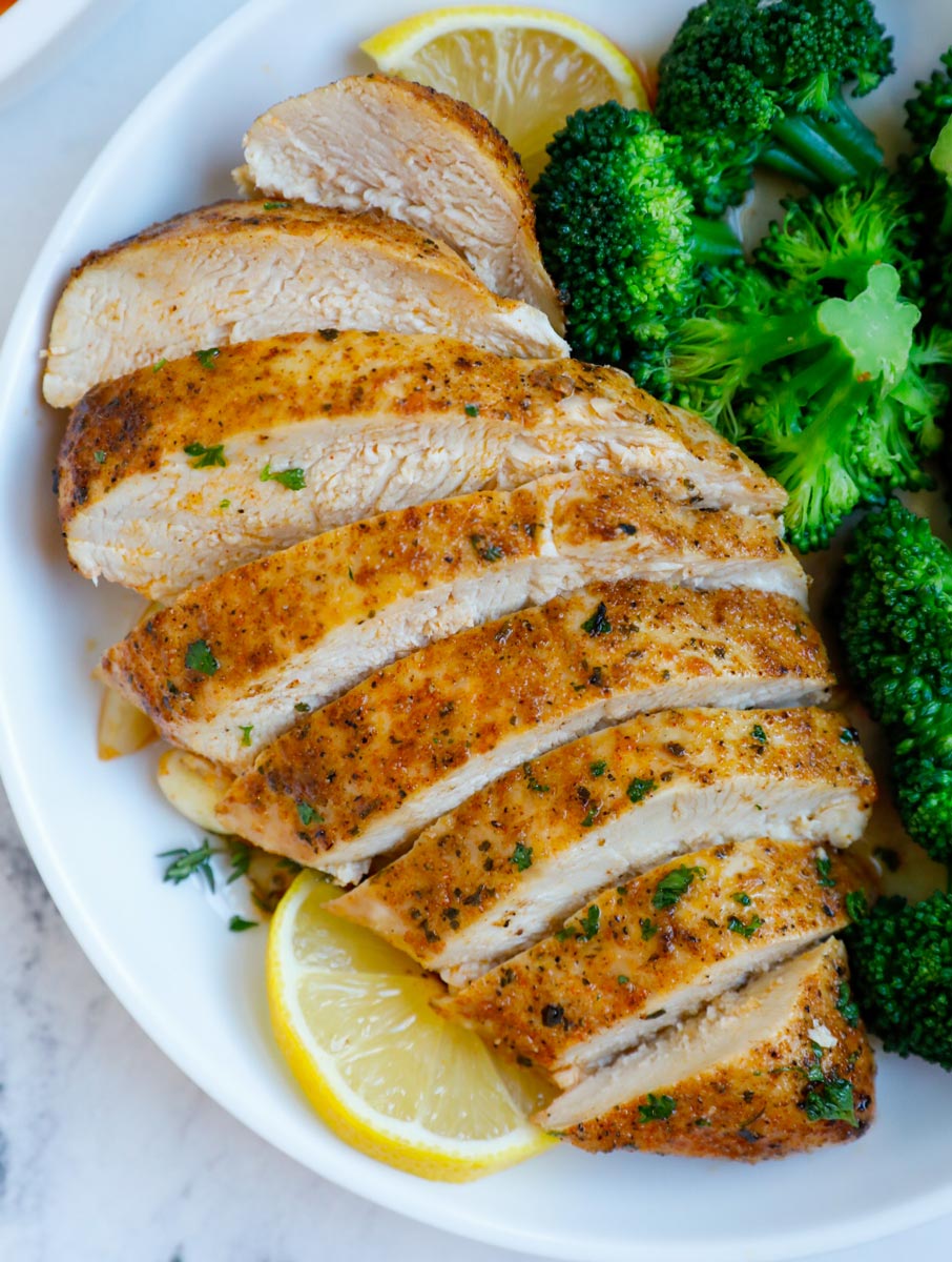 Sliced chicken breast on a plate.