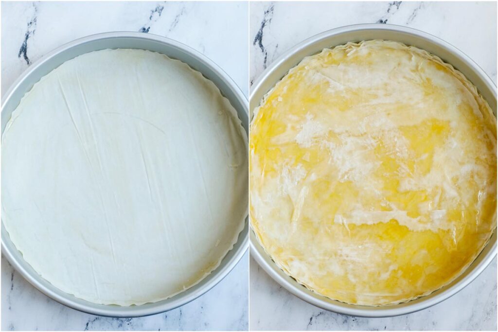 Set of two photos showing phyllo sheets in a round container and then brushed with ghee and syrup.