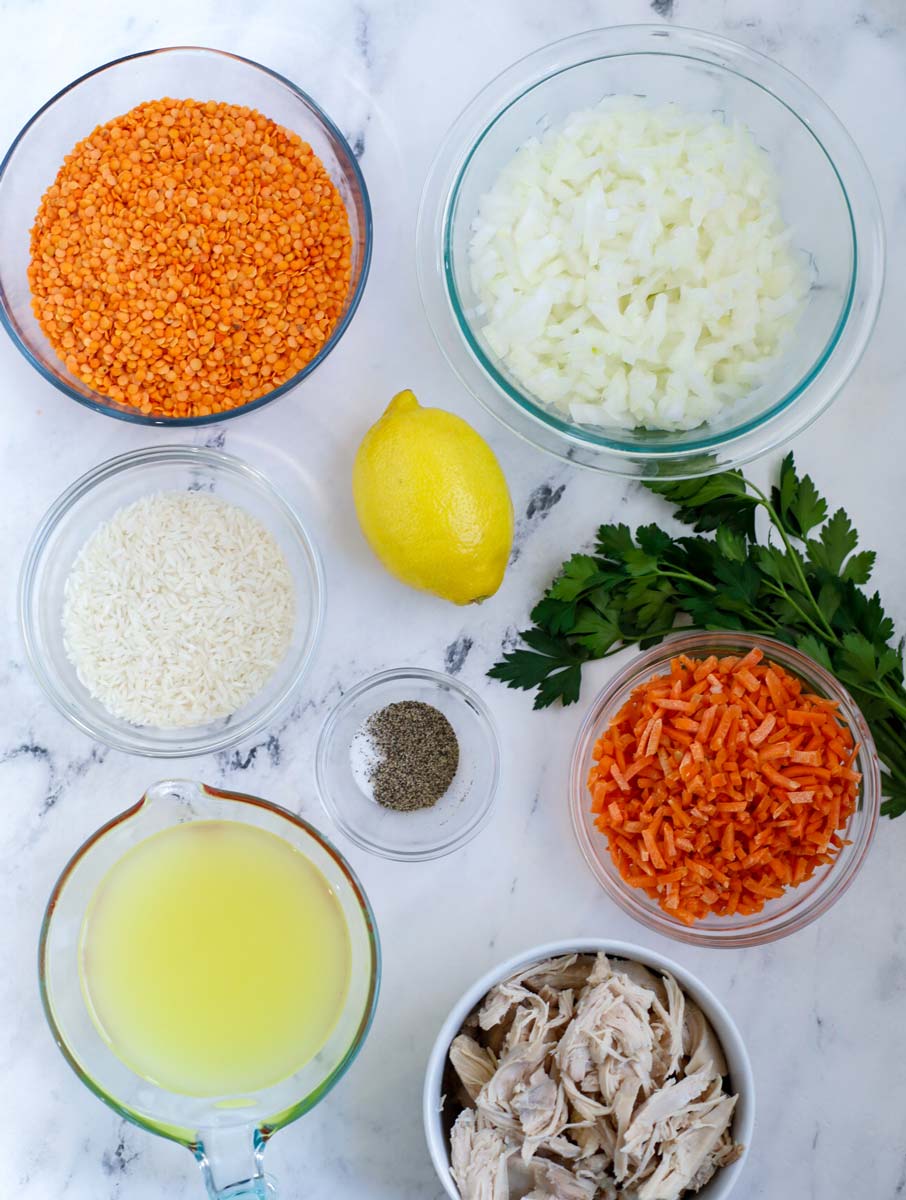 Ingredients needed for chicken lentil soup.