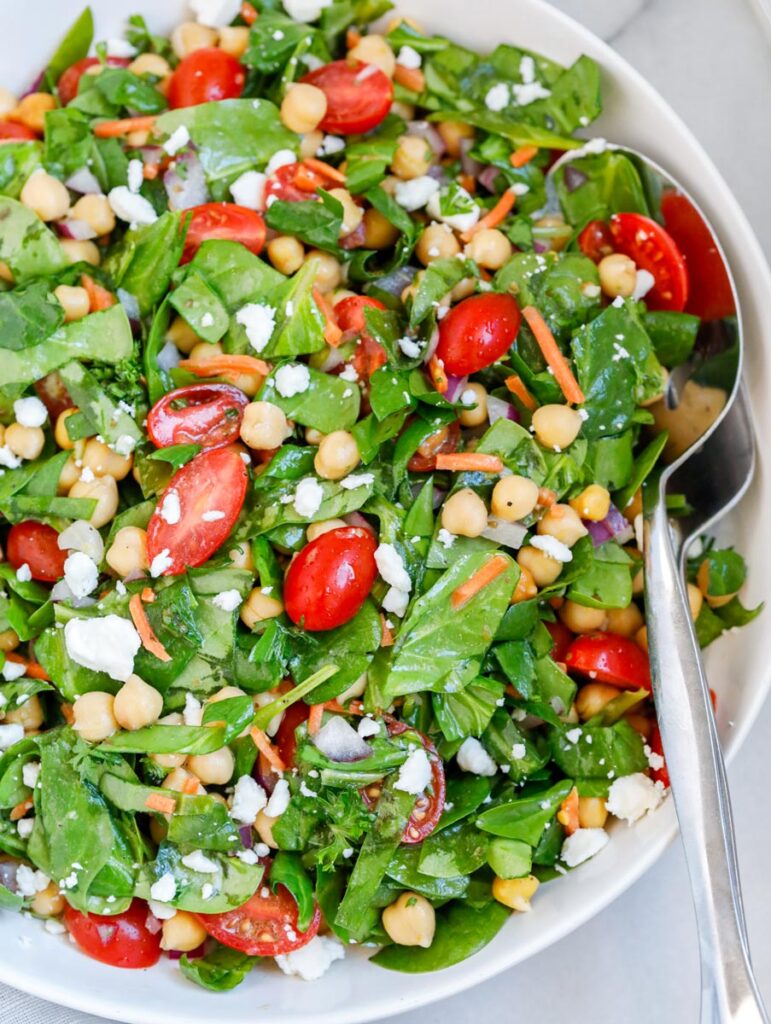 Close up of an easy chickpea spinach salad.
