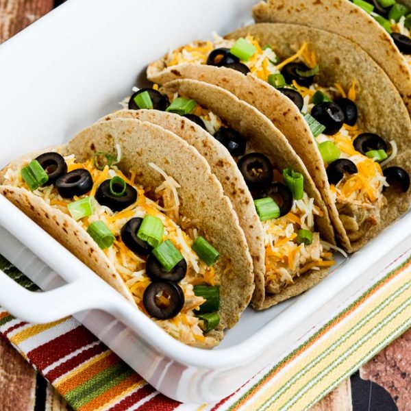 Instant Pot (or Slow Cooker) Low-Carb Cheesy Chicken Tacos found on KalynsKitchen.com