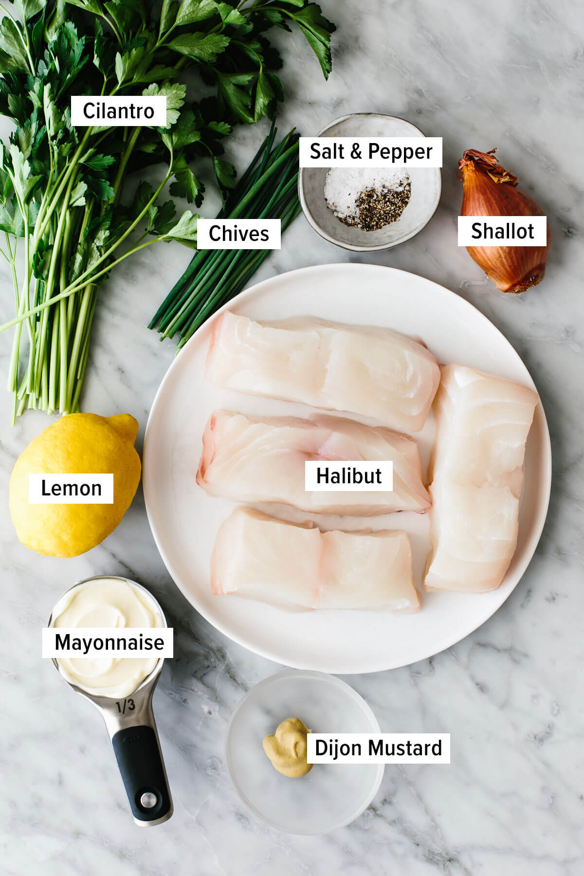 Ingredients for the best baked halibut on a table