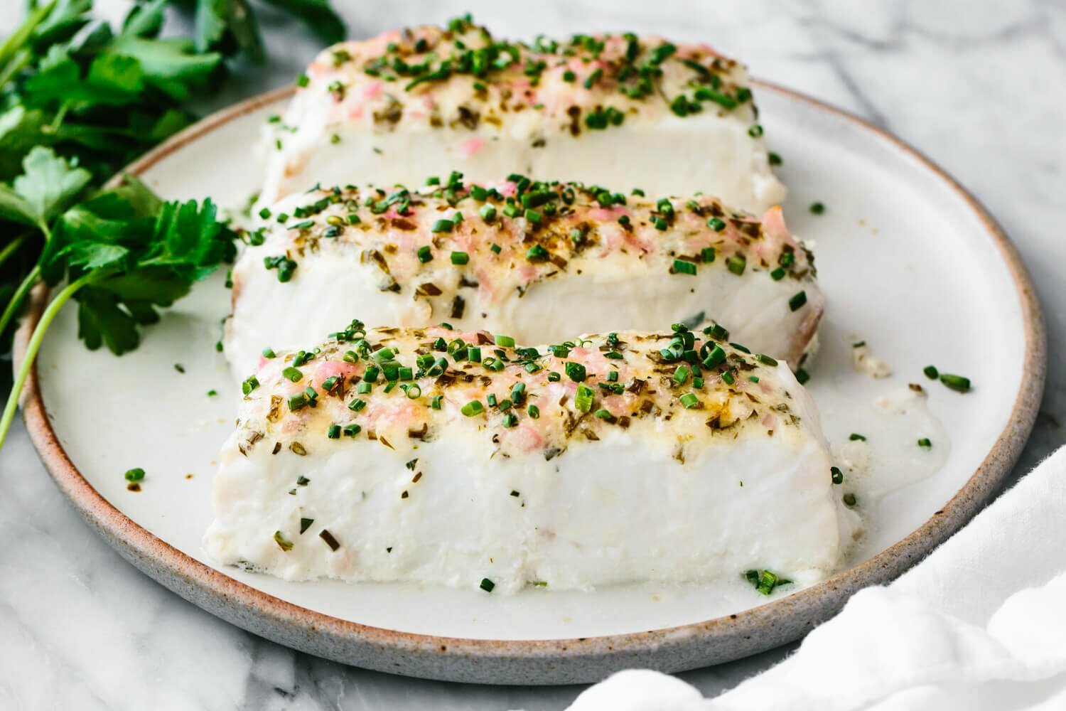 Baked Halibut with Herbed Mayonnaise Crust Downshiftology Less Meat