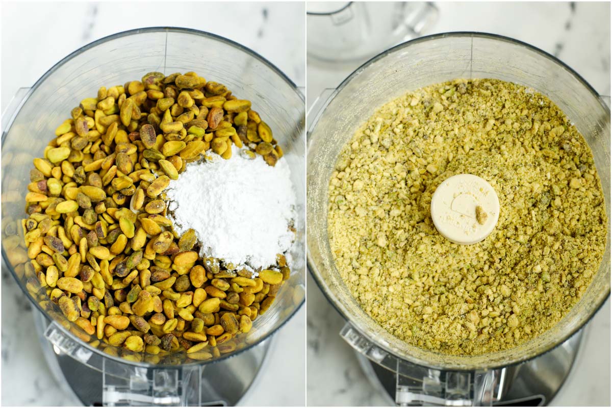 Set of two photos showing how to make the ground pistachio filling in a food processor.