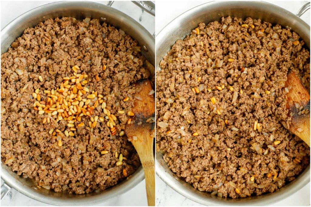 Set of two photos showing pine nuts added to the meat filling in a pan and mixed together.