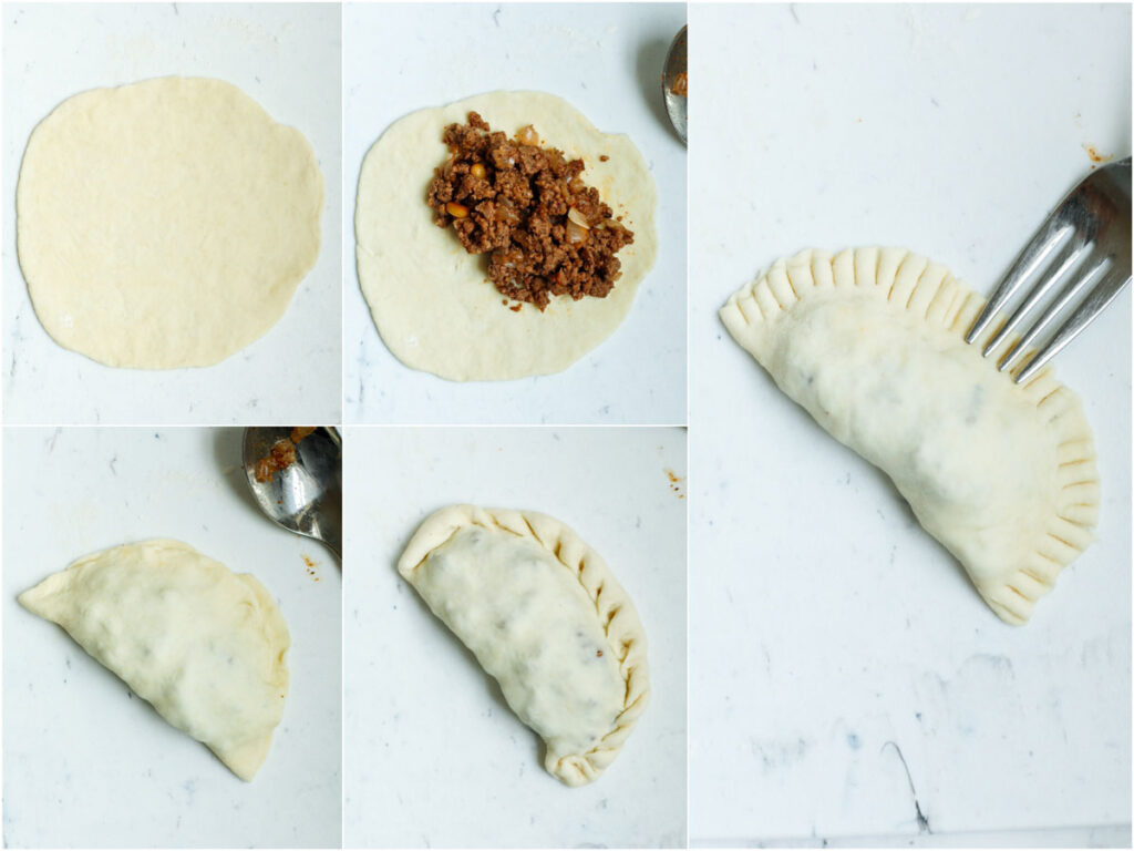 Set of five photos showing how to roll out the dough into a circle, add in the filling, folded, and sealed.