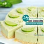 lime cheesecake sliced and decorated with lime slices, on a white plate