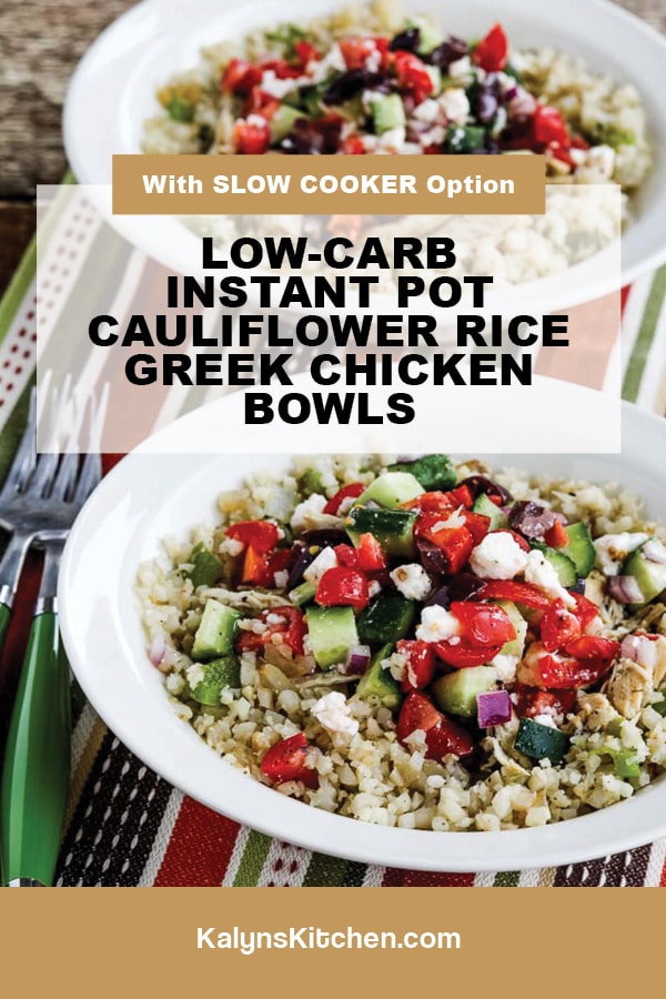 Pinterest image of Instant Pot Cauliflower Rice Greek Chicken Bowls