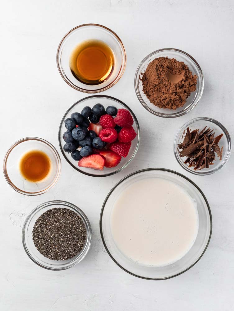top down shot of the ingredients needed for chocolate chia pudding
