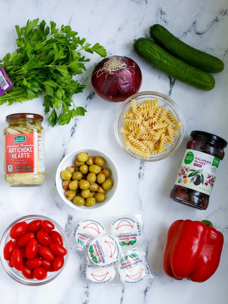 Ingredients for Mediterranean pasta salad.
