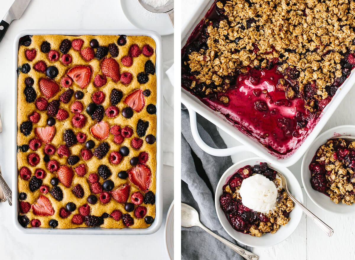 Memorial day recipes with a berry sheet cake and berry crisp.