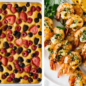 Best memorial day recipes with grilled shrimp and berry sheet cake.