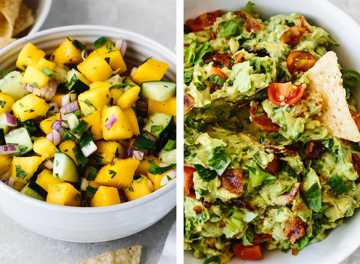 Memorial day recipes with guacamole and mango salsa.