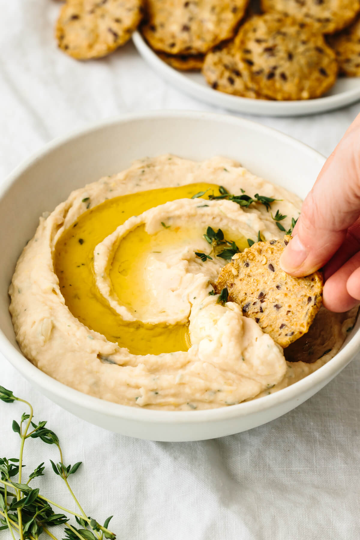 Scooping into a white bean dip with a cracker.