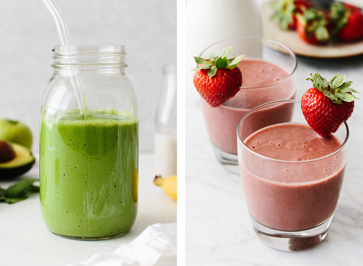 Vitamix recipes with a green smoothie and strawberry smoothie