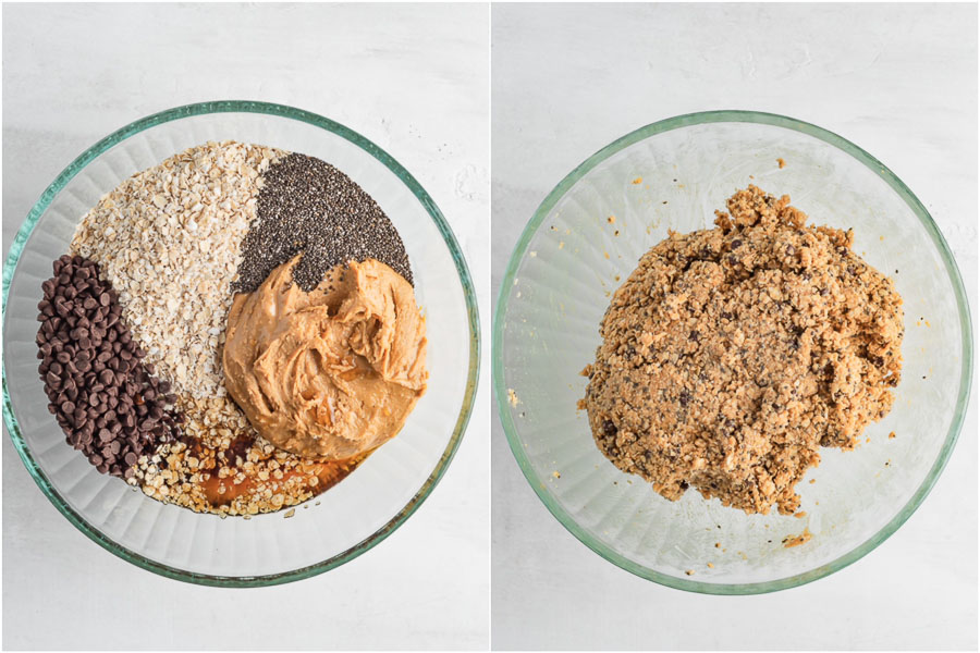 ingredients of the no bake energy ball in a bowl, before and after mixing