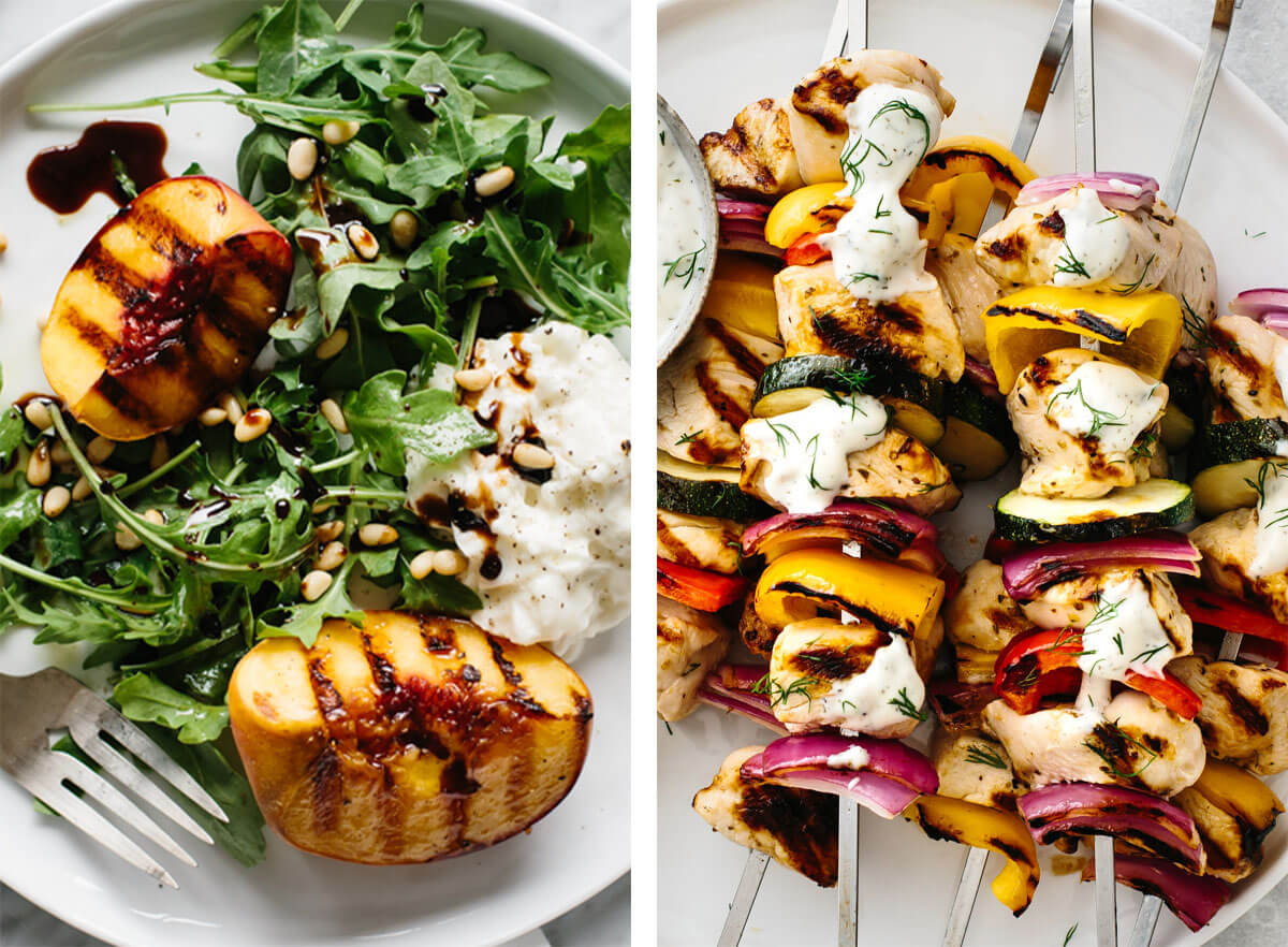 Memorial day recipes with grilled kabobs and grilled peach.