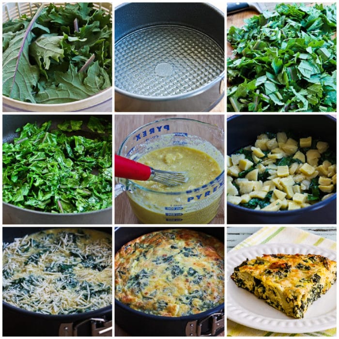 Artichoke, Kale, and Ricotta Pie process shots collage of steps for making this recipe