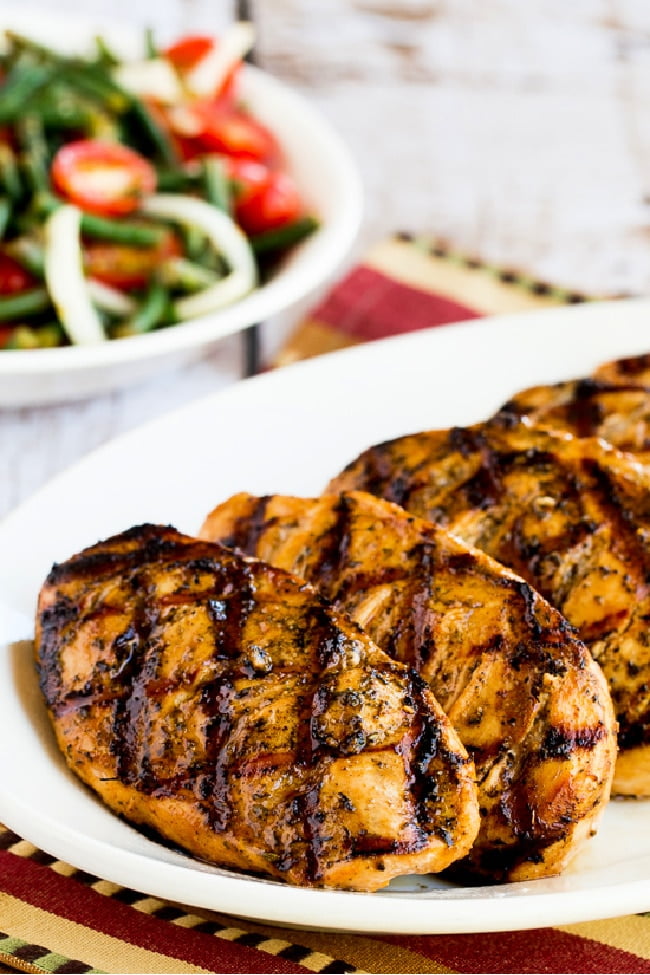 Savory Low-Carb Marinade for Grilled Chicken, Pork, or Beef photo of cooked chicken breasts on plate