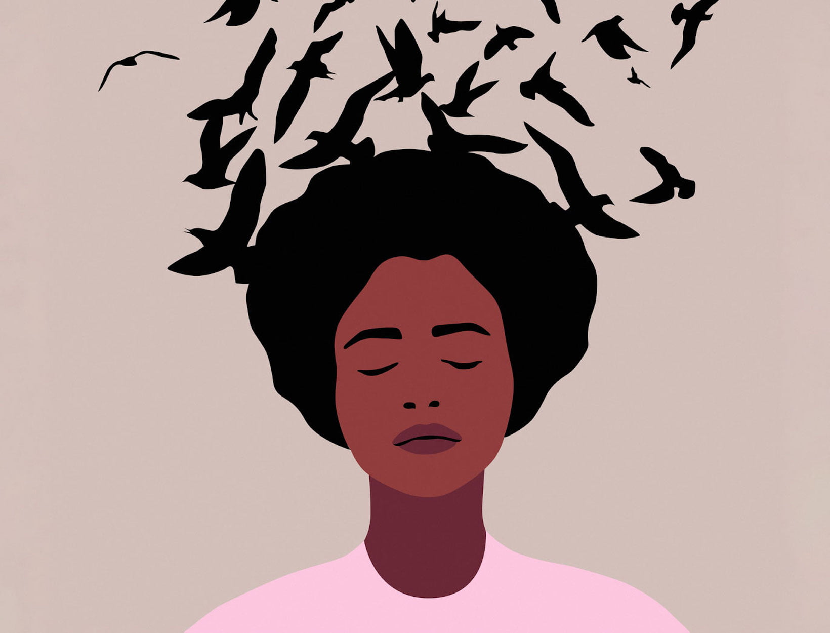 Illustration of a Black woman with birds behind her