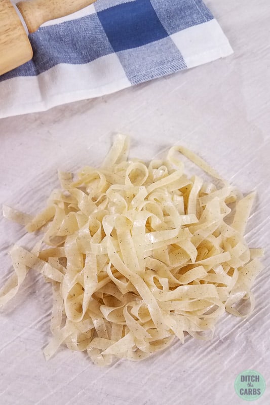 keto pasta drying on a tray